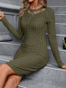 SHEIN Clasi Knitted Lace Panel Short Dress - Army Green - View 5