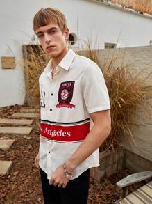 Manfinity VCAY Camisa de tejido con estampado de letras de color contrastante, corte holgado para hombre
