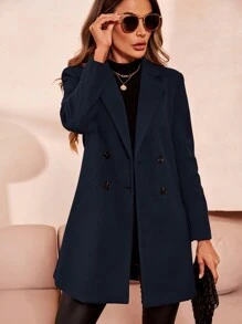 SHEIN Clasi 女士纯色双排扣优雅长袖大衣，秋冬款 - 藍色 - 查看 1