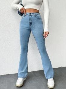 SHEIN Cottnline 女式喇叭牛仔褲 - 淺色水洗藍 - 查看 4