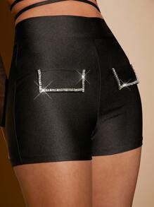 Hauture Rhinestone Tie Back Top & Shorts Two Piece Set - Black - View 6