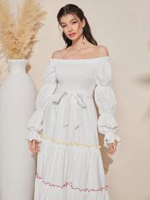 Seusyu Robe À Manches Volantées Et Bordure À Volants Pour Femme - Blanc - Voir 4