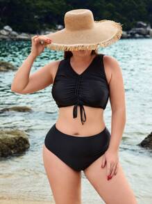 SHEIN Swim Curve Bộ bikini rút dây màu trơn cỡ lớn cho nữ mùa hè - màu đen - Xem 1