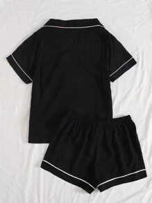 Lapel Contrast Binding Tie Front PJ Set / Pajama Set, Vacation