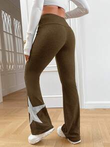 SHEIN EZwear 女款星星印花寬鬆腰帶運動長褲 - 卡其色 - 查看 2