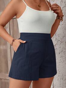SHEIN VCAY Shorts De Talle Alto De Talla Grande Con Bolsillos Diagonales - Azul Marino - Ver 6