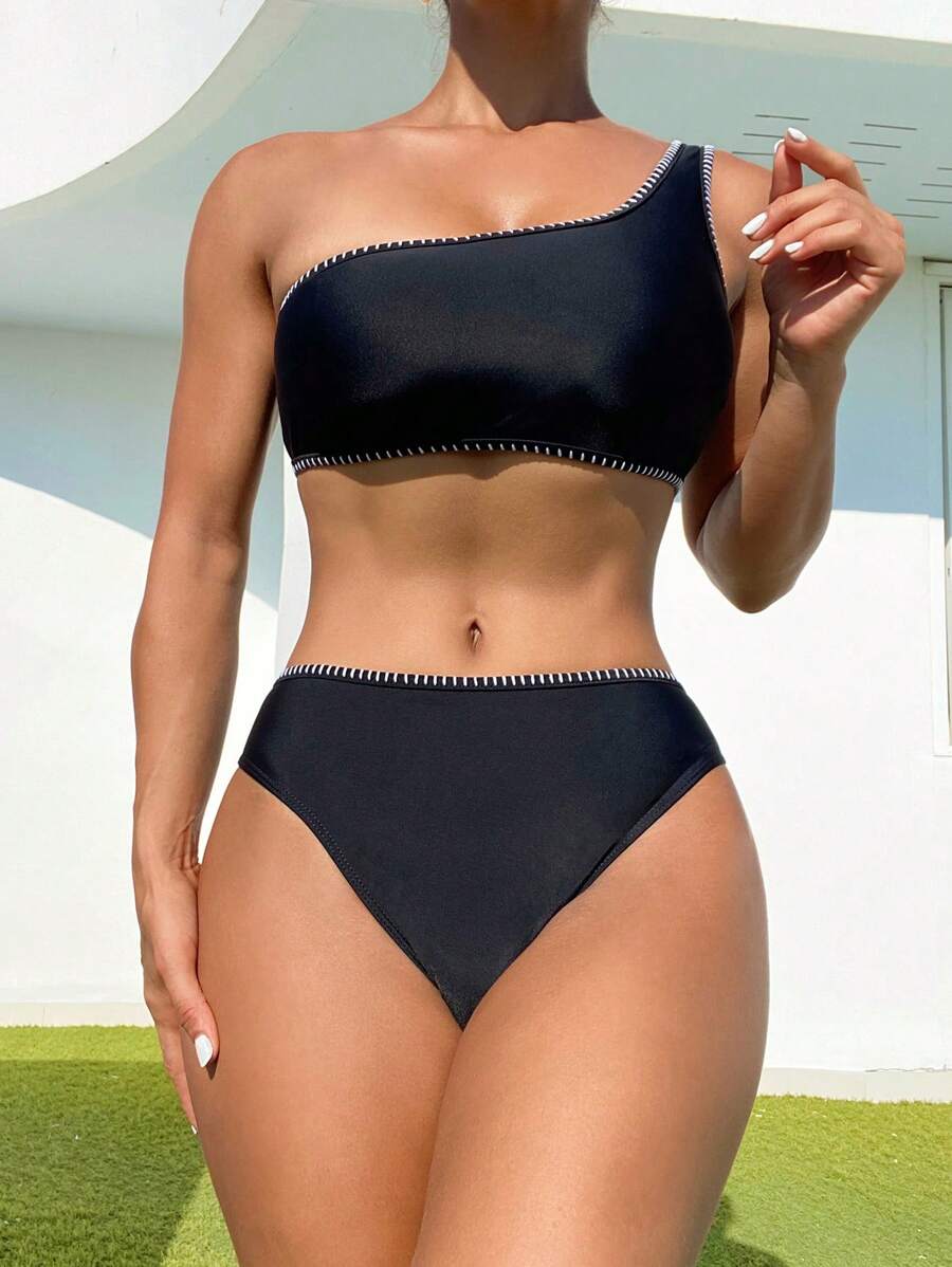 SHEIN Swim Ladies' Color Block Stitching One Shoulder Bikini Set Carnival Summer - Black - View 1