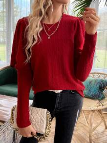 SHEIN Essnce 女式羊腿袖t卹 - 酒紅色 - 查看 3