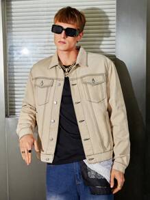 Manfinity VCAY Men's Loose Fit Casual Denim Jacket With Contrast Stitching Detail - Grey - View 3