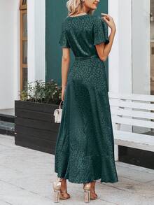 Simplee Flutter Sleeve Wrap Belted Jacquard Satin Dress - Green - View 2