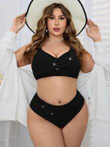 SHEIN Swim Curve 女性加大號紋理V領比基尼套裝 - 黑色 - 查看 5