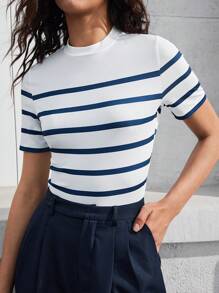BizChic Women's Casual Blue And White Striped Short Sleeve Basic Top, Suitable For Outings, Office, Business Casual, Autumn