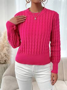 SHEIN Essnce 女式麻花針織圓領毛衣 - 玫紅色 - 查看 5