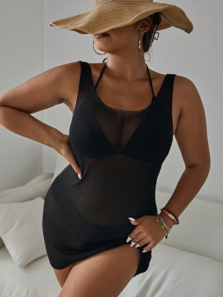 Plus Size Backless Knitted Dress With Pearl Chain Decoration