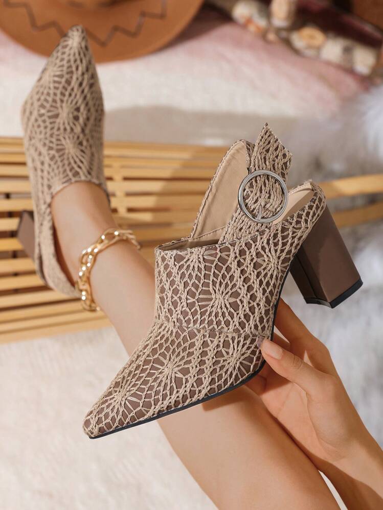 Scarpe eleganti da donna con punta affusolata, tacco alto chunky, in materiale PU con ricamo e cinturino alla caviglia - Castano - Visualizzare 1