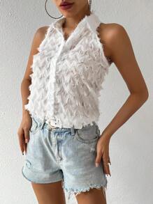 SHEIN Unity Women'S Solid Color Frayed Edge Sleeveless Shirt - White - View 4