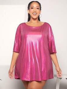 SHEIN CURVE+ Blusa De Talla Grande Con Hombros Caídos Y Mangas De Color Sólido - Rosa Fucsia - Ver 3