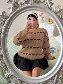 SHEIN MOOSTA 大尺碼心型設計立領落肩毛衣 - 杏色 - 查看 6