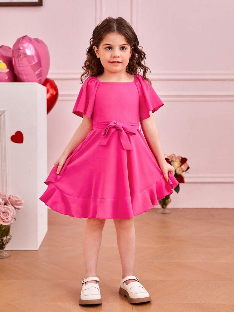 Young Girl Square Neck Butterfly Sleeve Ruffle Hem Belted Dress