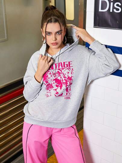 SHEIN Sports Sudadera Con Capucha Para Mujer Con Personajes Y Letras Impresas Para Deportes Y Uso Casual