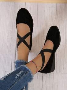 Elegant Black Court Wedge Shoes For Women, Cross Strap Faux Suede Shoes