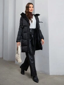 Women's  Hooded Drawstring Jacket, Long Sleeve - Black - View 6