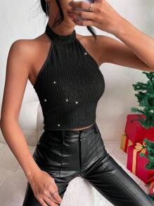 SHEIN BAE Sleeveless Beaded Halter Top With Cut Out Shoulder - Black - View 4
