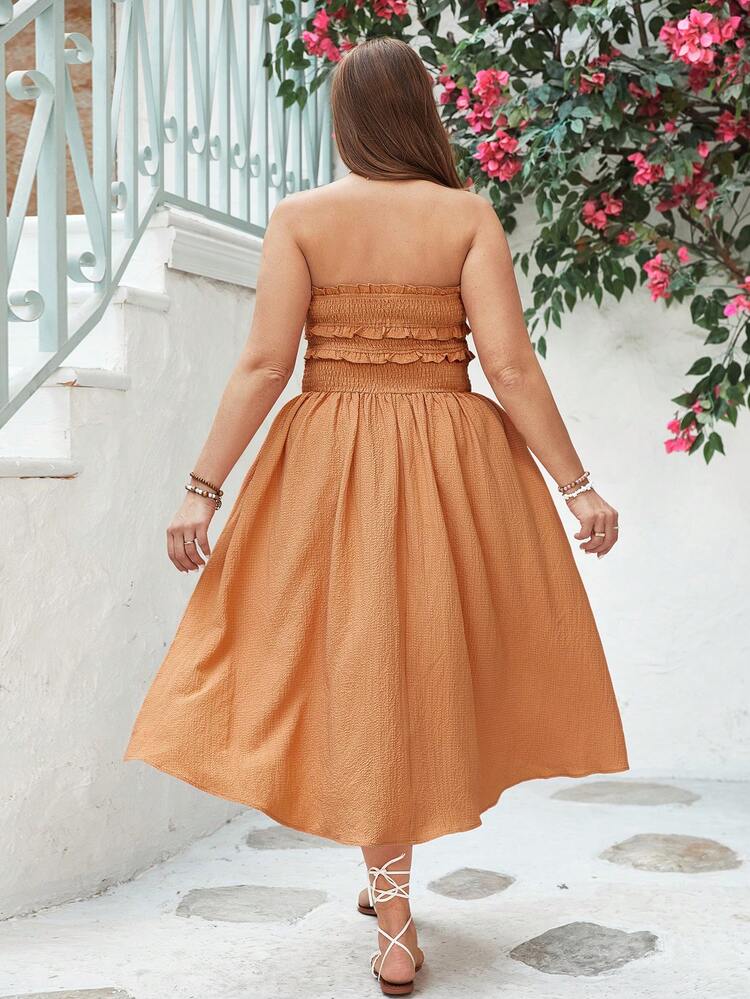 Plus Size Solid Color Strapless Side Slit Summer Orange Beach Women Dress