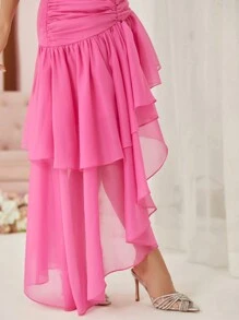 SHEIN Belle Đầm cocktail Bandeau, xếp nếp, cổ chữ V, viền bất đối xứng dành cho nữ - Hồng - Xem 6