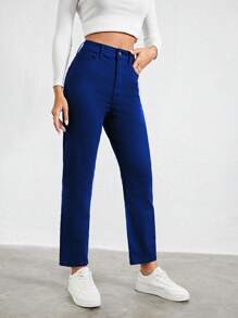 RueChic Màu thuần Thẳng Quần denim - Rửa tối - Xem 3