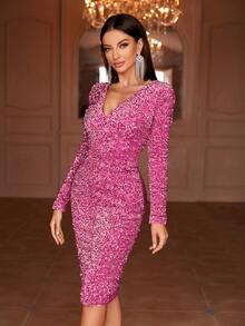 Faeriesty Deep V-Neck Backless Sequin Party Dress - Pink - View 4