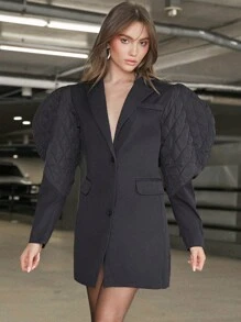 Hauture Quilted Gigot Sleeve Button Up Coat - Black - View 1