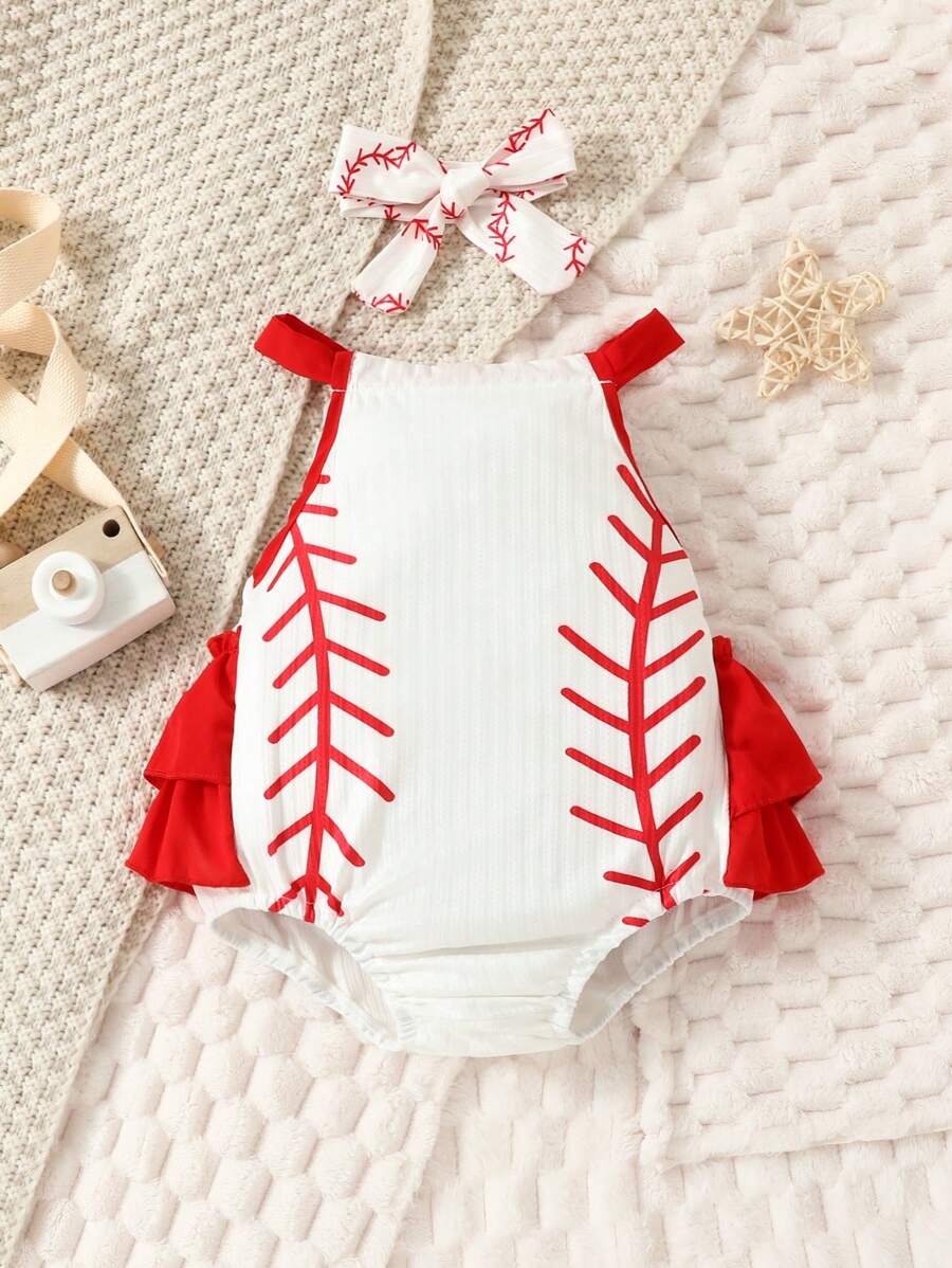 Đứa bé gái Dễ thương Và Niềm vui Bóng chày In Áo liền quần chặt Với băng đô Cho mùa xuân Và Mùa hè - trắng - Xem 1