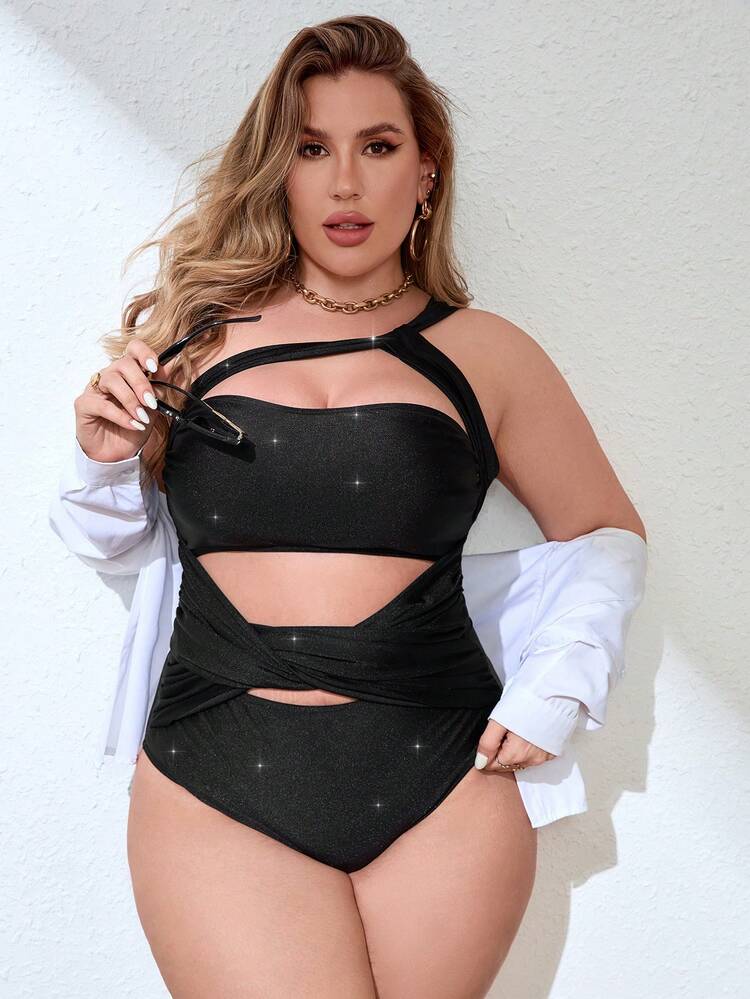 Plus Size Hollow Out Shiny One Piece Swimsuit Summer