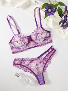 Của phụ nữ Thêu hoa Lưới Nội y sexy Bộ - Màu tím - Xem 1