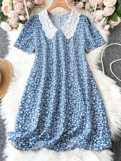 Flirla 大码女式拼色领子和花卉印花夏季波西米亚风连衣裙度假海滩装