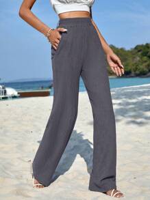 EURMUSE High Waist Slant Pocket Straight Leg Pants - Dark Grey - View 5