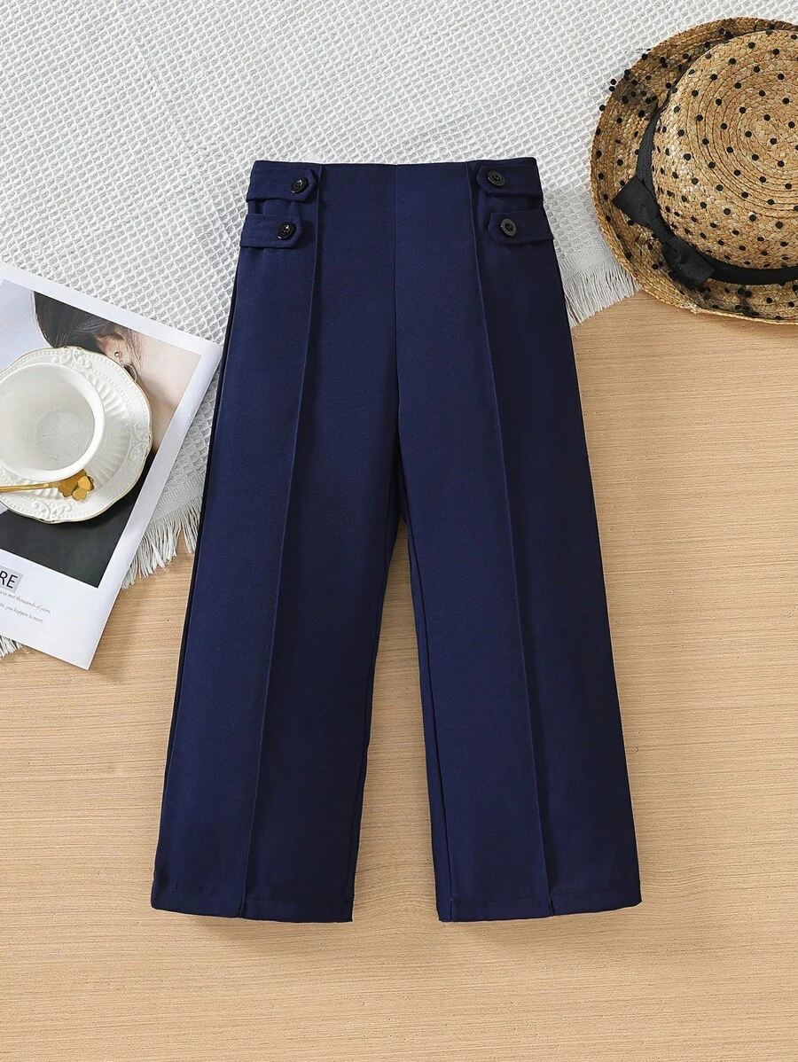 SHEIN Elladie kids Young Girl Solid Color Button Closure Straight Leg Pants - Royal Blue - View 1