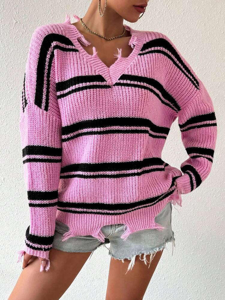 Women's Striped Distressed Drop Shoulder Knit Pullover Fall Winter Sweater