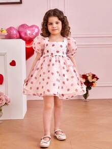 SHEIN Young Girl Square Neck Puff Sleeve Mesh Strawberry Pattern Dress - Multicolor - View 4