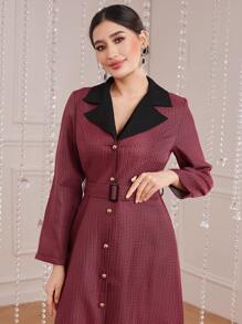 Modelyn Burgundy Red Ladies' Colorblock Turn-Down Collar Button-Front Casual Dress - Burgundy - View 4