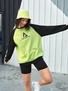 Gameset SHEIN Sport Sudadera Deportiva Para Mujer Con Mangas Raglán, Bloques De Colores Impresos Con Letras - Verde - Ver 7