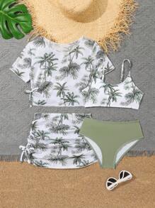 SHEIN 少女热带图案比基尼套装夏日海滩 - 白色 - 查看 1