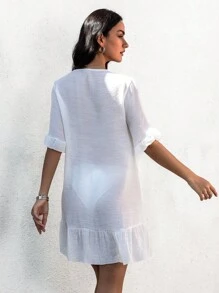 SHEIN Swim 1件v領擺蕾絲kimono裙 - 白色 - 查看 2