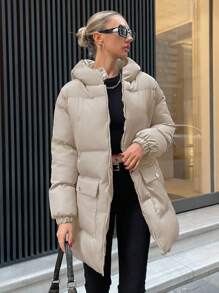 EURMUSE Flap Pocket Zip Up Hooded Puffer Coat - Beige - View 5