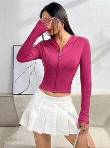 SHEIN EZwear Màu thuần Dây kéo Dây rút áo có mũ Giải trí Áo nỉ - Màu Hồng Tươi - Xem 4