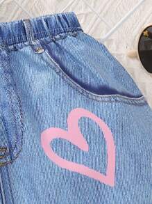 SHEIN Váy suông rộng cạp chun denim thời trang thường ngày cho bé gái trẻ mùa hè - Màu xanh lam - Xem 4