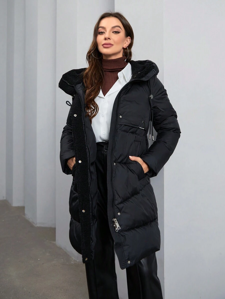 Women's Hooded Drawstring Jacket, Long Sleeve - Black - View 1