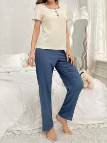 Conjunto De Ropa Cómoda Para Mujer Con Top De Detalle De Contraste Y Pantalones De Color Sólido - Beis - Ver 3