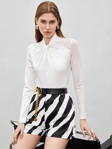 Maija Của phụ nữ Xoắn Nút Đứng cổ áo Tay áo dài Áo thun - trắng - Xem 5